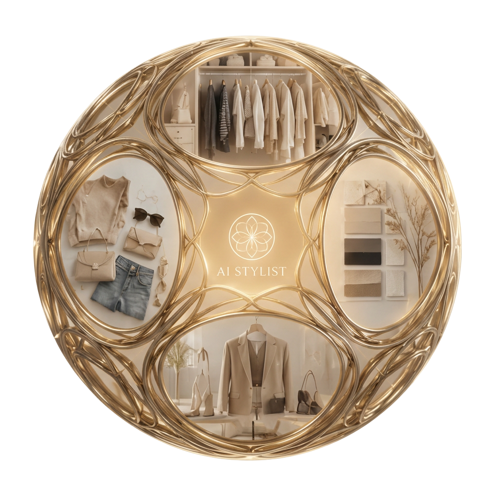 The LiveAskew AI Stylist orb — a gold woven sphere projecting wardrobe analysis, outfit recommendations, style insights, color guide and curated shopping