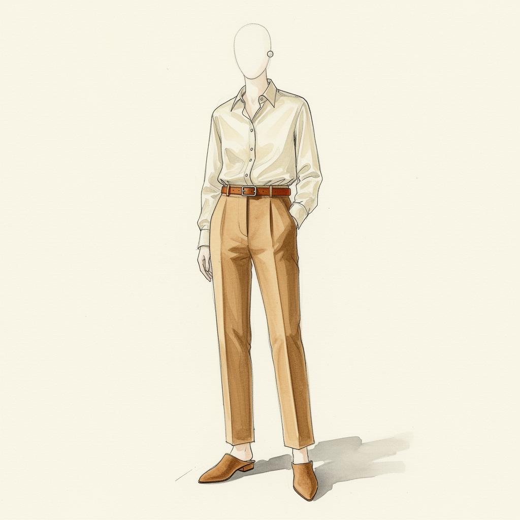 Hand-painted fashion illustration of the Quiet Luxury outfit formula.